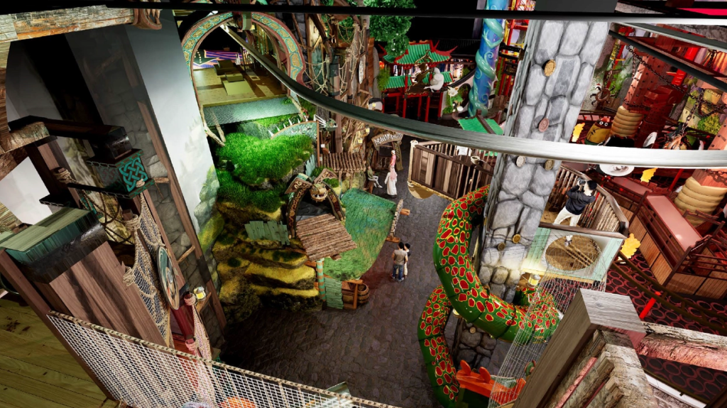 A vibrant indoor amusement park featuring various themed areas, including a lush green landscape, a tower with climbing features, and colorful decorations, with people enjoying the attractions.